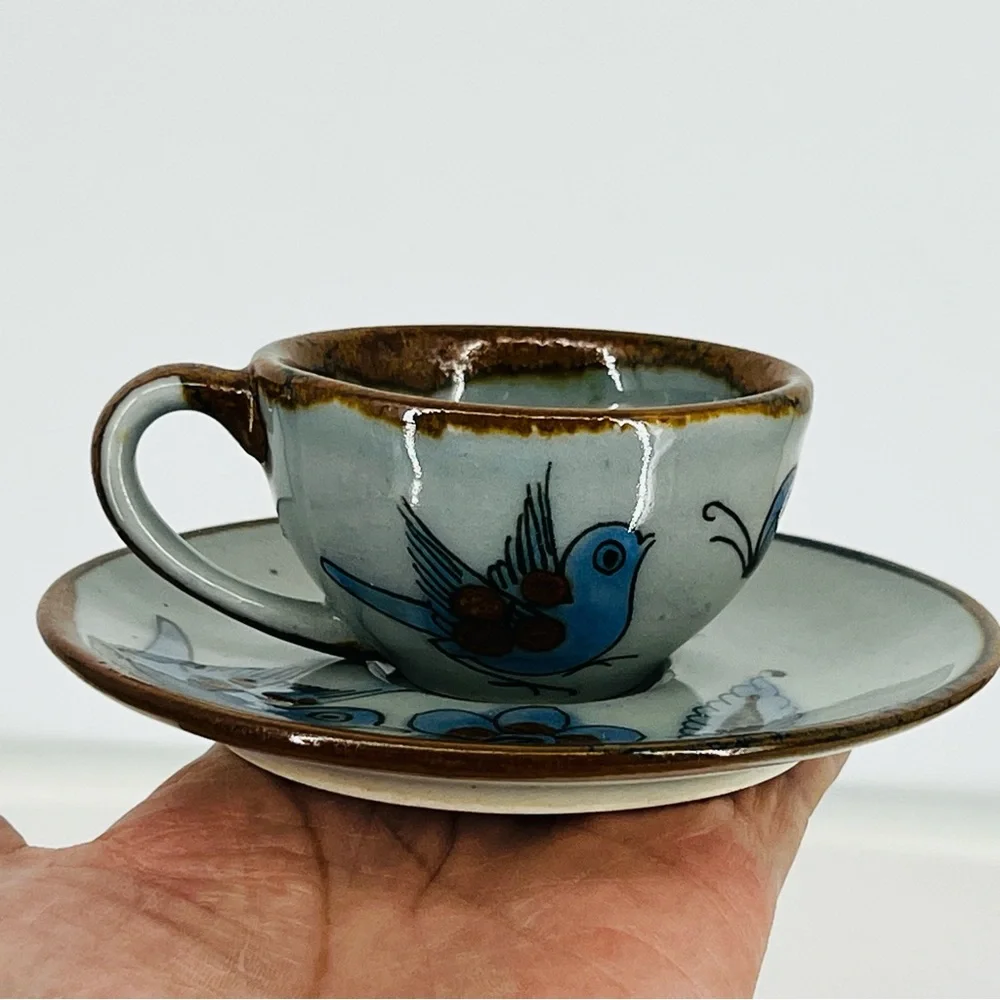 Vintage Ken Edwards Tonala Pottery Cup & Saucer Set El Palomar Blue Bird Signed - Picture 8 of 14